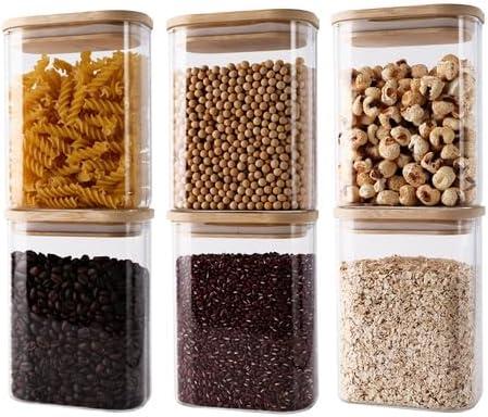 6 pcs Glass Storage Jars with Airtight Bamboo Lids - Stackable Kitchen Canisters for Candy, Cookies, Rice, Sugar, Flour, Pasta