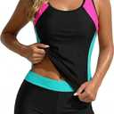 Daci Black and Pink Women 2 Piece Tankini Swimsuit - 2026 Tummy Control Sporty Bathing Suit Color Block Swim Tank Top with Boy Shorts XL