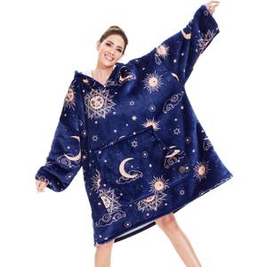 THREE POODLE Wearable Blanket Hoodie for Women, Oversized Sherpa Sweatshirt Blanket for Adults Men, Cozy Hooded Blankets, Gifts for Teen Girls Women Mom Sister (Deep Blue Star)