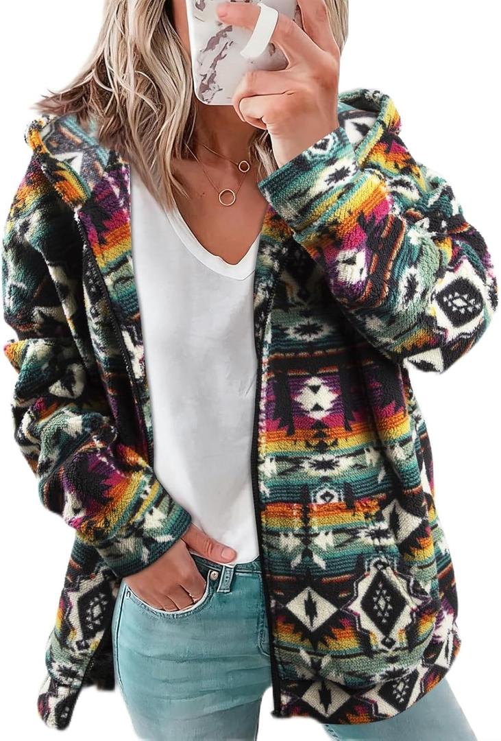 LUKYCILD Womens Western Aztec Print Zip up Hoodies Sweatshirt Sherpa Fleece Jacket Coat with Pockets Casual Warm Outwear (X-Large, Purple)