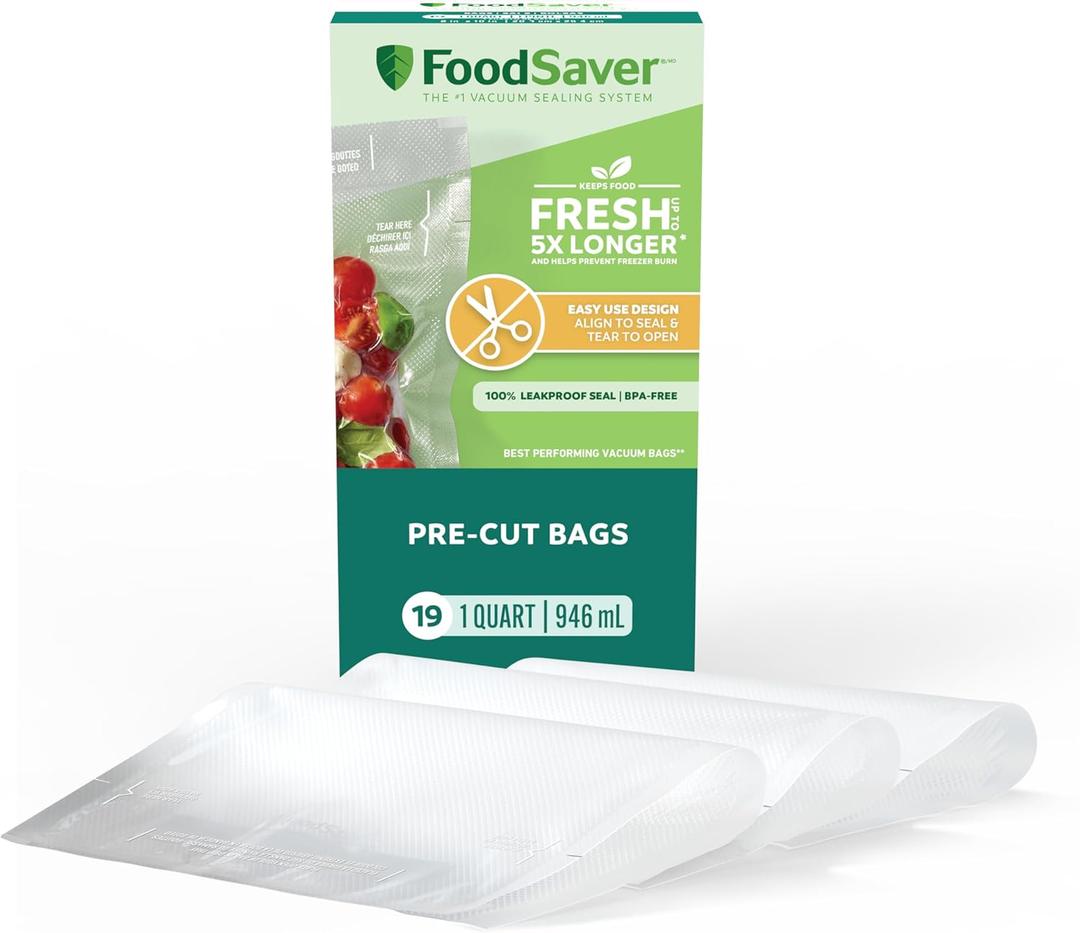 FoodSaver Quart Pre-Cut Vacuum Seal Bags, Easy Use Vacuum Storage Bags, Align to Seal and Tear to Open Vacuum Sealer Storage Bags, Pack of 19  FoodSaver Quart Pre-Cut Vacuum Seal Bags, Easy Use Vacuum Storage Bags, Align to Seal and Tear to Open Vacuum Sealer Storage Bags, Pack of 19