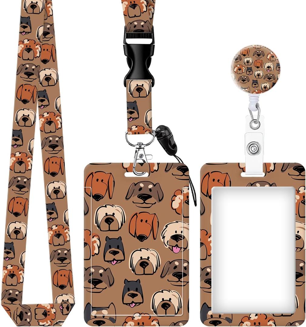 ID Badge Holder with Retractable and Detachable Lanyard, Cute Badge Reel Breakaway Lanyard with Carabiner Clip for Women, Teachers, Nurses, Students, Perfect Work and Office (Cute Funny Dogs)