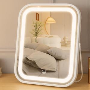 YEKKOPT Lighted Makeup Mirror, Rechargeable Vanity Mirror with Lights 10''x8'' Makeup Mirror with Lights,Light up Mirror Touch Screen with 3-Color Lighting,for Women Gift,Travel Essentials (White)