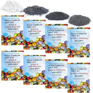 Rock Tumbler Grit Refill Kit  Complete 4-Step Polishing Media Starter Pack, Silicon Carbide & Aluminum Oxide, 8 Bags Abrasive Grit for 2 lbs of Rocks, Compatible with All Tumblers