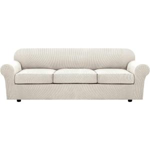 H.VERSAILTEX 4 Piece Stretch Sofa Covers for 3 Cushion Couch Covers for Living Room Furniture Slipcovers (Base Cover Plus 3 Seat Cushion Covers) Upgraded Thicker Jacquard Fabric (XL Sofa, Ivory)