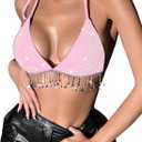 SHENHE Women's Sexy Sequin Halter Backless Rhinestone Fringe Glitter Party Club Crop Top (Pink)