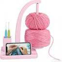 Yarn Holder for Crocheting and Knitting, Wooden Magnetic Yarn Spinner Rotating Holder with Crochet Hooks and Needles, Phone Stand and Storage Organizer (Pink)