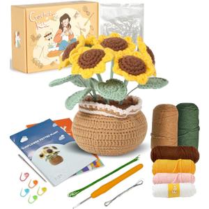 Ktmeor Crochet Kit for Beginners, Sunflower Crochet Starter Kit with Step-by-Step Video Tutorials, 40% Extra Practice Yarn