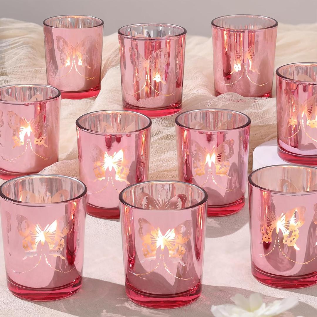 Pink Votive Candle Holders Set, 12 PCS Tea Lights Holder Decorative Bulk with Butterfly Pattern, Candle Holders for Wedding Table, Birthday, Home Decor, Party Supply