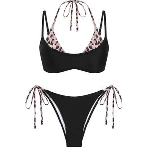 ZAFUL Women's Polka Dot Bikini Set Double Layer Halter Swimsuit Colorblock Side Tie 2 Piece Bathing Suit (Black, M)