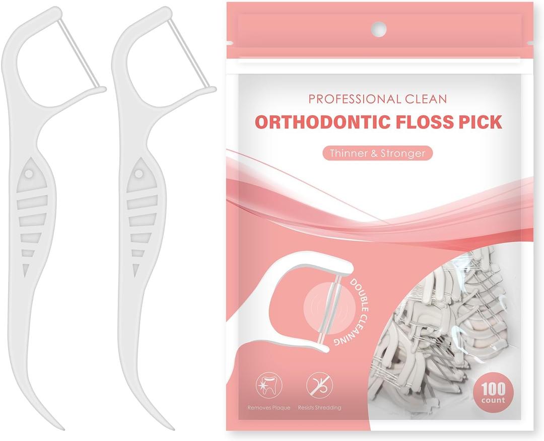 Floss Picks for Braces, 100 Count Flossers with Slim Threader & Bracket Brush Easy Daily Oral Care for Braces