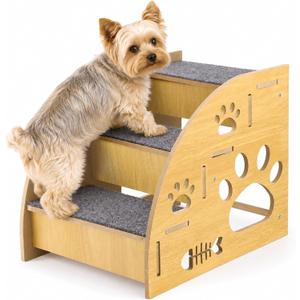 Wooden Dog Stairs, 3 Tier Stable Pet Steps with Non Slip Carpet Treads, 13.4 x 11.8 x 15.7 in Low Incline Indoor Pet Ramp for Sofa & Bed, Offering Reliable Support to Active Small Dogs and Senior Cats
