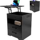 Nightstand Bedside Table with Lift Top for Laptop, Night Stand with Hidden Casters, Wheels, Led Lights for Bedroom Aesthetic, USB C-Port & Power Strip Outlet, Black