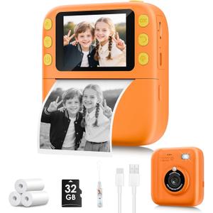 Instant Print Camera for Kids, Christmas Birthday Gifts for Girls Boys, 1080P Instant Digital Print Cameras for Toddler,Portable Toy for 4 5 6 7 8 9 10 Year Old Girl with 32GB SD CardOrange