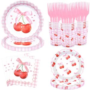 100 Pieces Cherry Tableware Set Party Supplies - Pink Gingham Disposable Paper Plates, Cups, Napkins, and Forks, Cute Cherry Design for Birthday, Baby Shower, Bridal Shower, Picnic, Serves 20 Guests