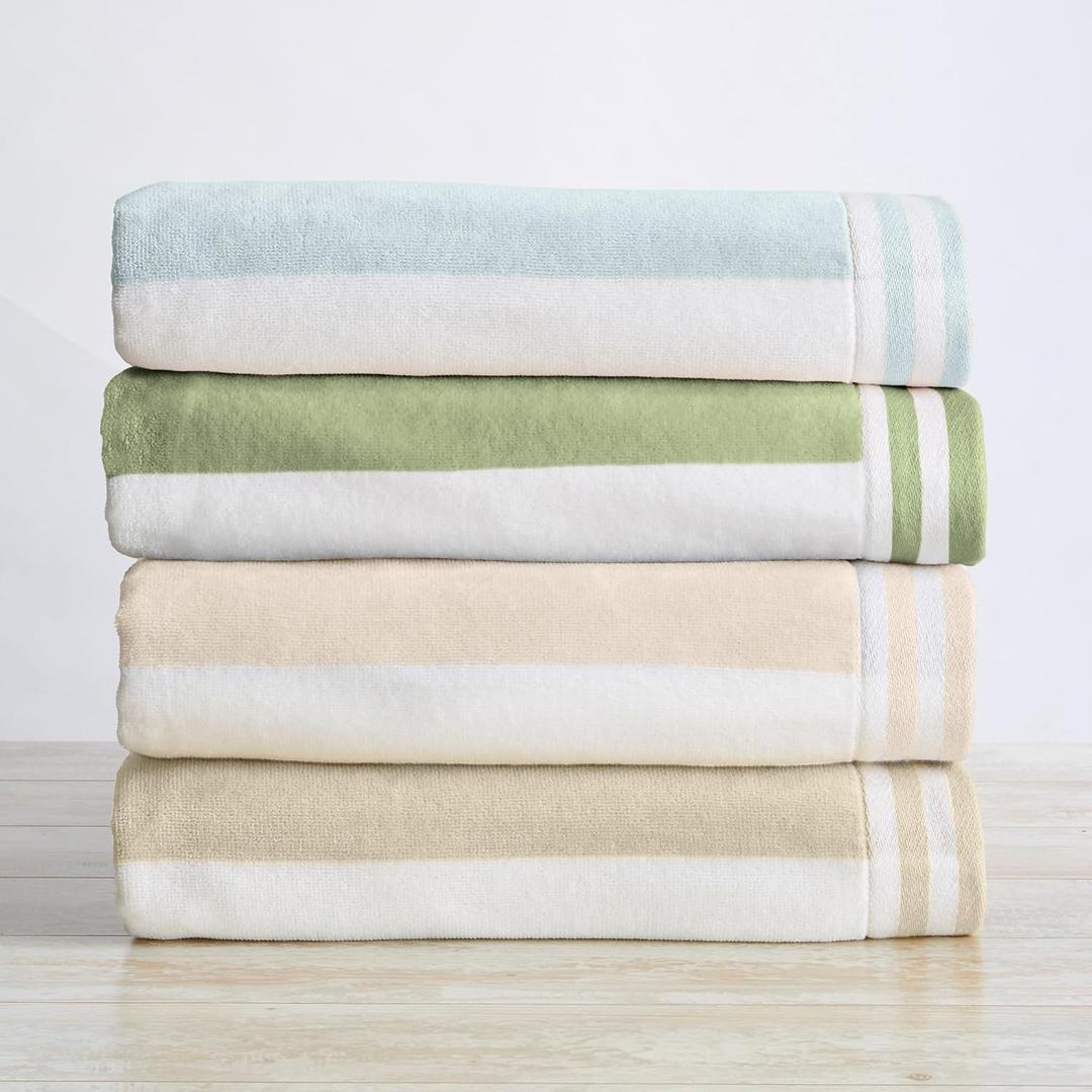 Great Bay Home 100% Cotton Velour 4 Pack Oversized Beach Towels - Cabana Stripe Pool Towels - Quick Dry, Large Swim Towels for Adults and Kids (4 Pack 35" x 70", Multi Color) (4 Pack- 35" x 70", Multi - Linen, Light Blue, Eucalyptus Green, Dusty Rose)
