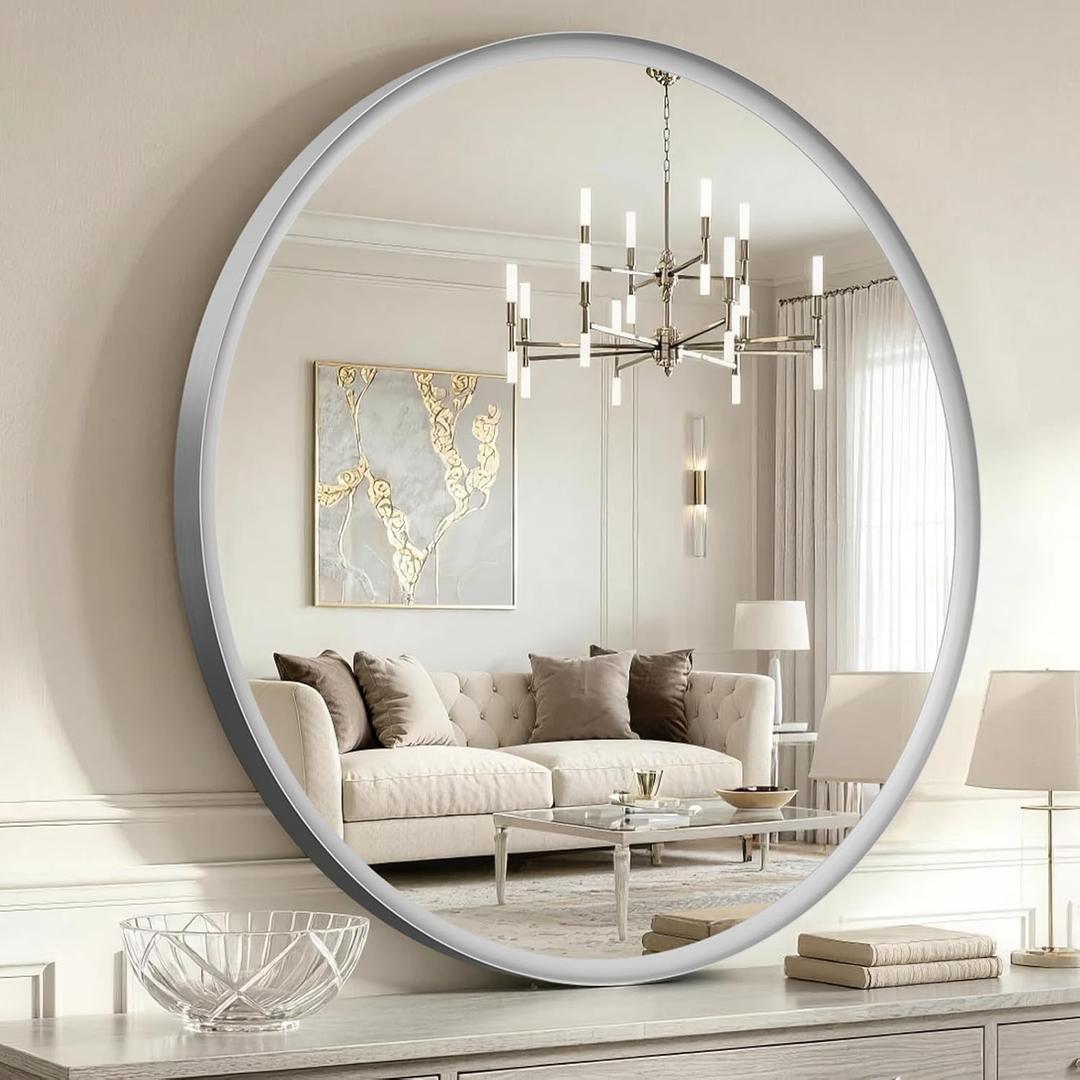USHOWER Round Bathroom Mirror 36 Inch Nickel Circle Mirror Over Sink Vanity