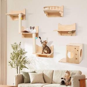 Yosuny Wall Mounted Cat Furniture, Cat Wall Furniture Comfortable, Cat Shelves and Perches for Wall, with Cat Scratching Post, 2 Cahirial Hoteses, Cat Wall Hammock, and Cat