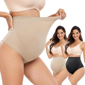 Hailycoco Seamless Maternity Shapewear, Maternity Thong High Waist Underwear Panties for Pregnancy with Belly Support (Small, Nude+nude+black)