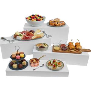 4cs Large Rectangle White Acrylic Buffet Riser Set Sizes (13" to 15") - Buffet Risers for Buffet Table, Display Stand Shelf for Catering Dessert Collectibles Jewelry Figures Show, Stackable Food Risers With Hollow Bottoms