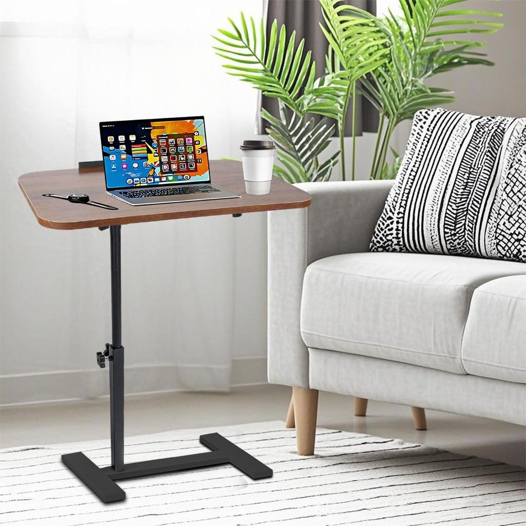 Adjustable Overbed Table, Overbed Bedside Table with Hidden Casters, 360 Swivel C Shaped Side Table, Mobile Laptop Computer Standing Desk for Home and Hospital Use (Walnut)