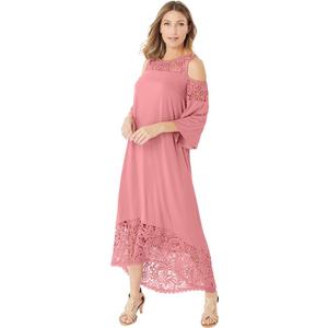 Roaman's Women's Plus Size Lace-Panelled Ultrasmooth Fabric Cold-Shoulder Dress, 1X