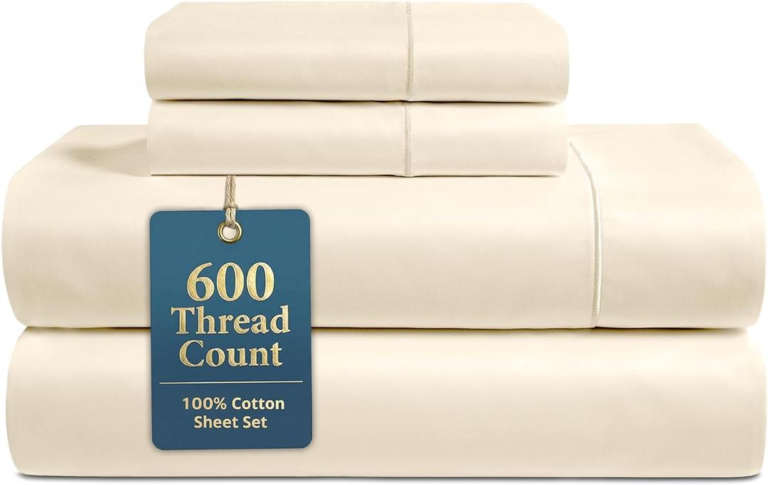 LANE LINEN Cal King Bed Sheets - 600 Thread Count Sateen Weave - Extra Thick & Comfy Cotton Sheets for Hotel Quality Softness - Securely Fits Mattress Upto 15'' Deep - Oeko Tex Certified - Ivory