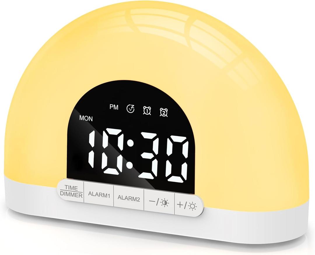 Wake Up Light Sunrise Alarm Clock for Kids, Adults, Heavy Sleepers, Bedroom, Sunlight Alarm Clock with Sunrise Simulation, Dual Alarms, Night Light, Snooze, 7 Alarm Sounds, 7-5-2 Modes, Ideal for Gift (White)