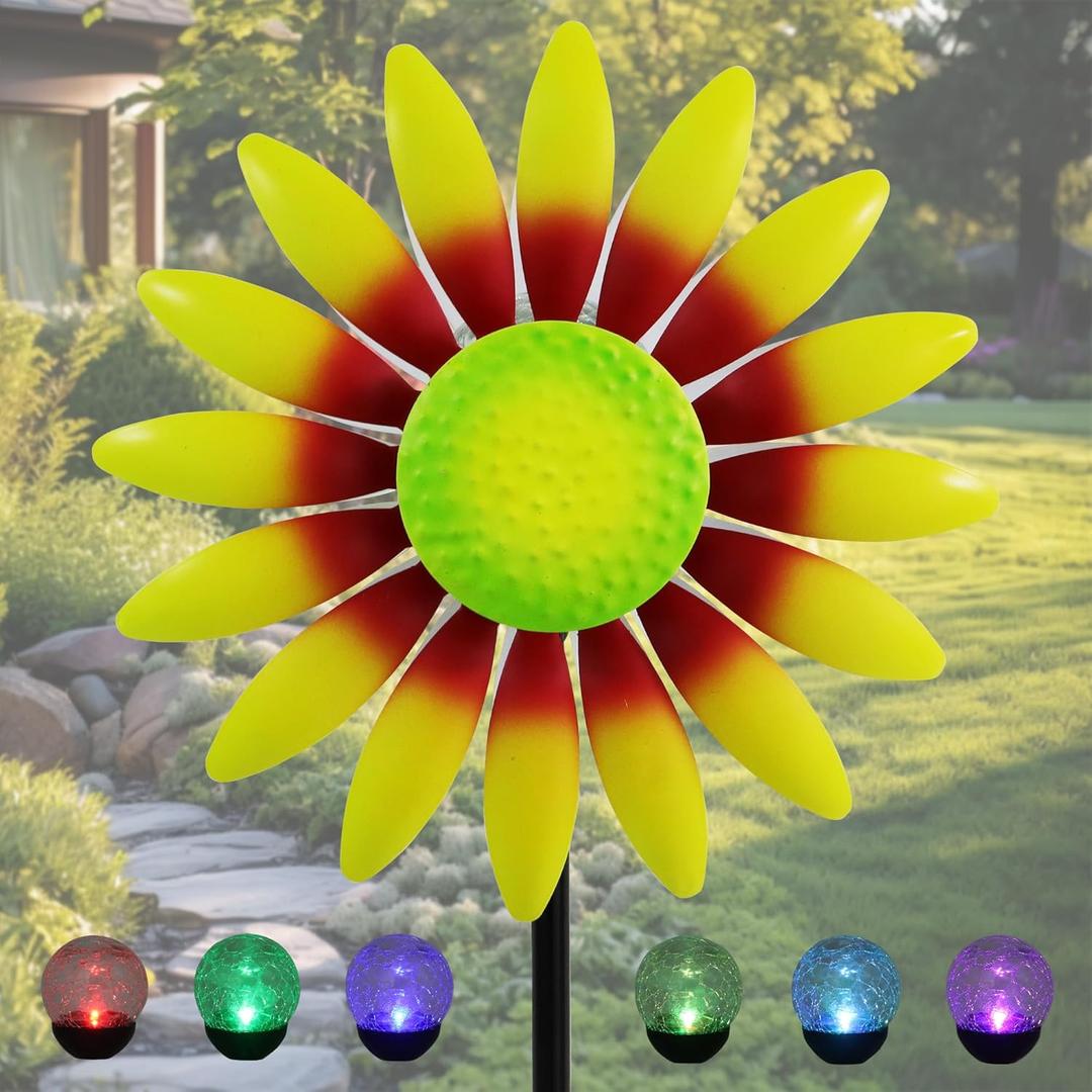 Decorative Metal Garden Daisy-Style Rotator, Decorative Garden Post, Daisy-Style Sculpture Courtyard. Outdoor Courtyard Art. (Yellow) (Yellow, Orange, Green)