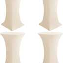 HolidayIdeas Cocktail Table Covers, 4 Pack - Fitted Stretch Spandex Square Corners Cocktail Tablecloths (Beige, Fit for 30"-32" Diameter x 43" Height Tables)