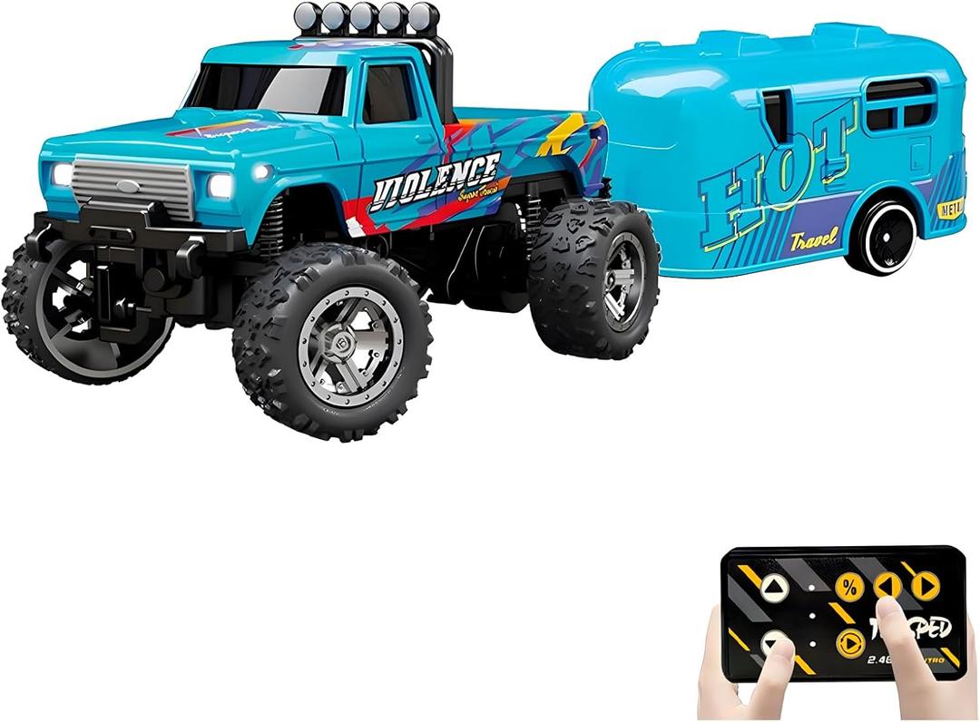 Mini Rc Truck, 1:64 Scale Monster Truck Remote Control Car with Lights, 2.4Ghz Remote Control, Speed/Steering Adjustable (Blue-B)