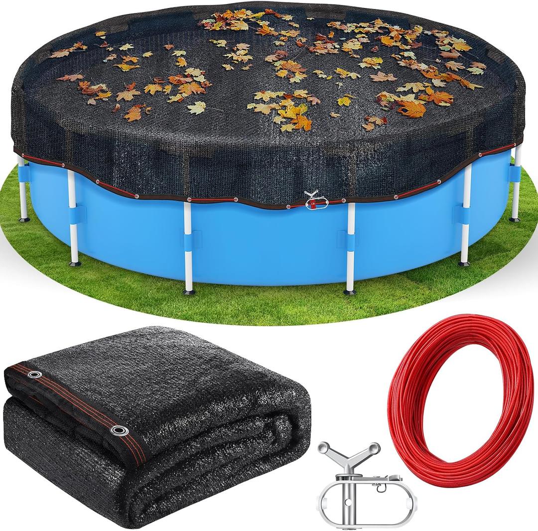 24.6 Ft Round Leaf Cover for Above Ground Pool, Durable Black Safety Screen Mesh Tarp Cover with Winch & Cable with Winch & Cable for Leaves and Debris for 21 Ft Round Pools