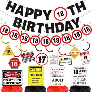 18th Birthday Decorations Banner Boys - 14 Pcs Multicolor Warning Banner Glitter Garland Table Honeycomb Centerpieces Decor For Girls 18 Year Old Party Supplies