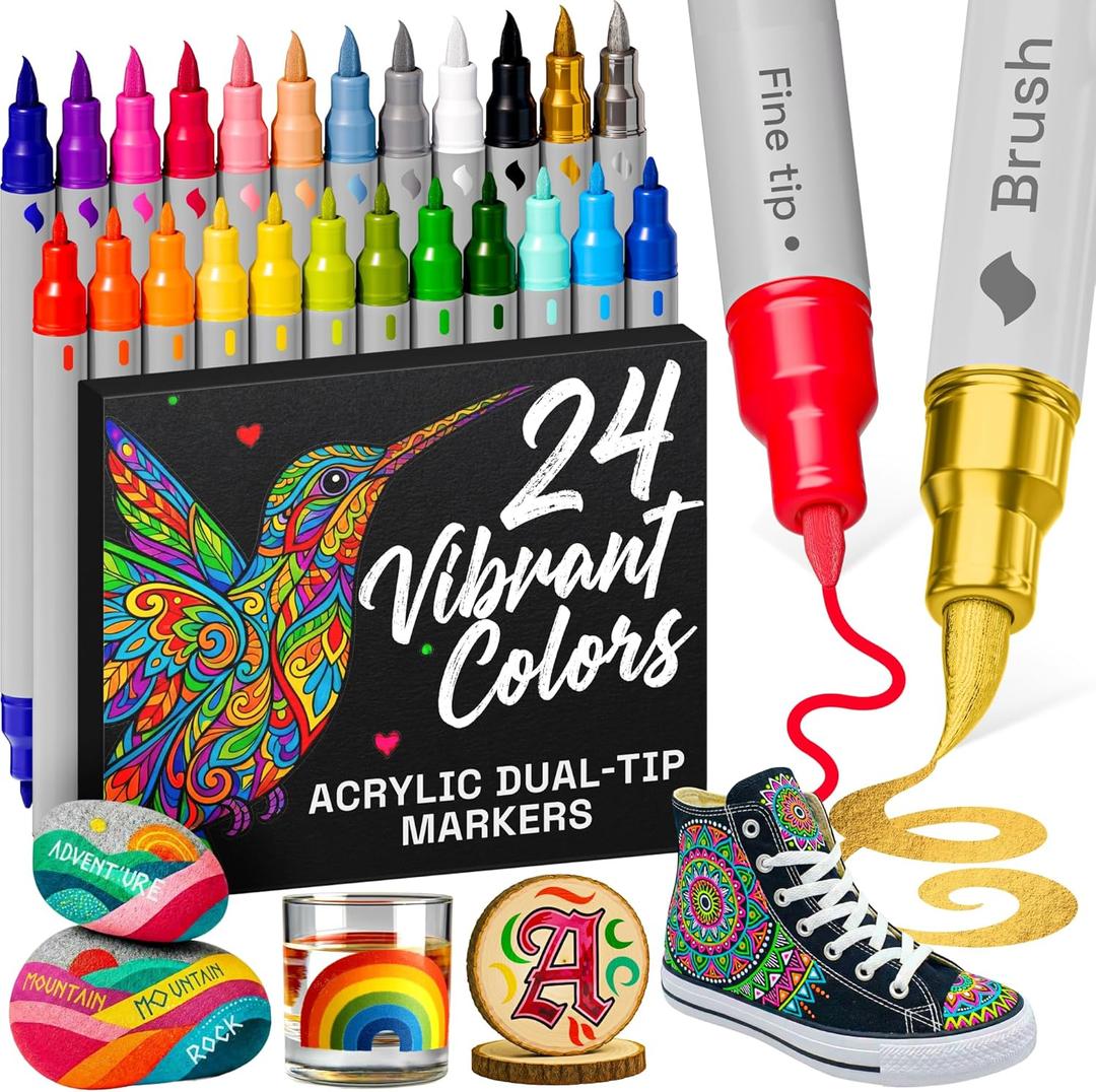 ARTISTRO 24 Acrylic Paint Markers - Paint Pens for Drawing, Brush + Fine Tips - For Fabric, Rock, Glass, Wood, DIY, Eggs - Art & Craft Supplies for Adults, Teens, Kids - Easter Basket Stuffers