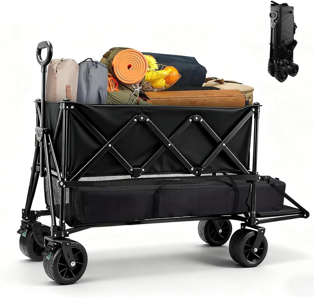 400L Large Capacity Double Decker Folding Wagon, Foldable 450lbs Heavy Duty Beach Cart with All-Terrain Big Wheels, Utility Carts Foldable for Beach, Sports, Outdoor, Shopping