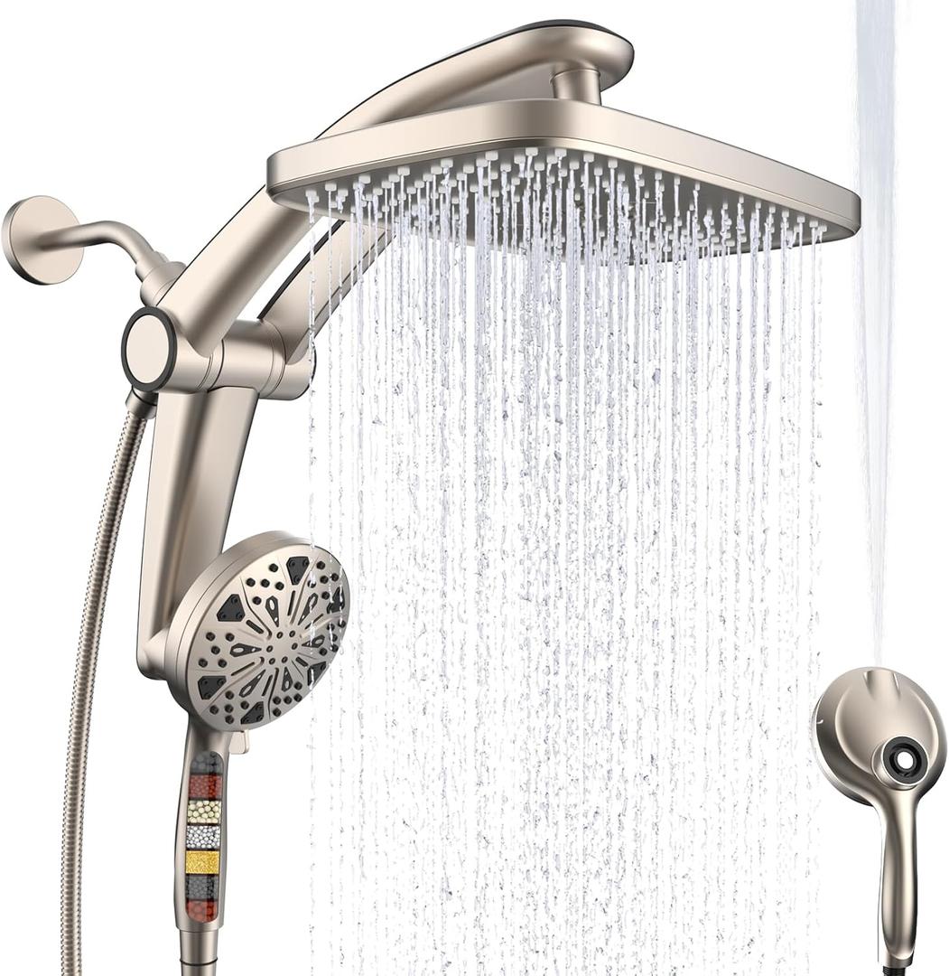 Rain Shower Head with Handheld High Pressure rainfall Shower Heads with Handheld Spray Combo Adjustable one-piece stand daul shower head Built-in Magnetic Docking and Power Jets-Nickel