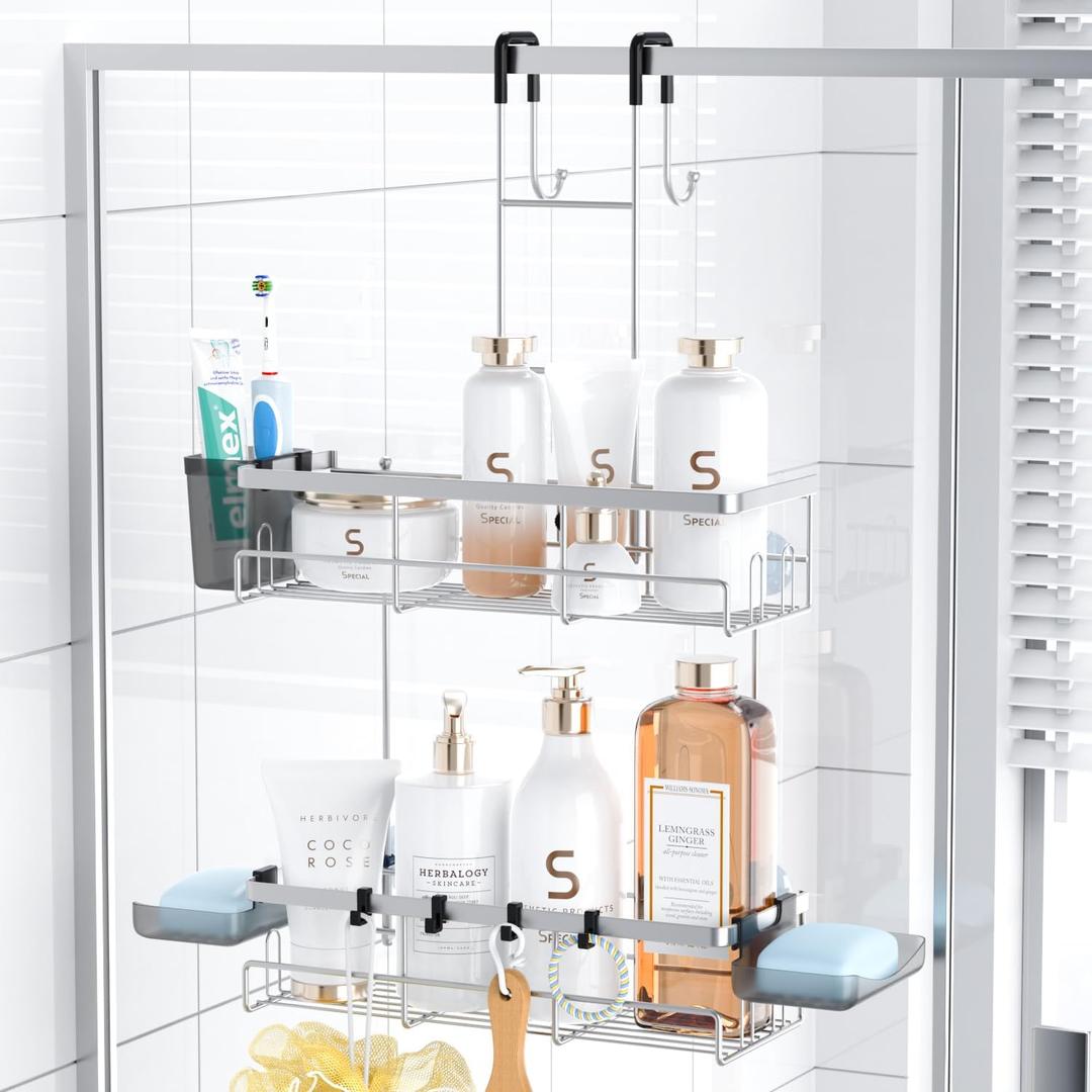 Aitatty Over the Door Hanging Shower Caddy, Rustproof Hanging Organizer Over the Door - No Drilling Bathroom Rack for Inside Shower Chrome