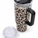 FECBK 40 oz Tumbler with Handle and Straw, 100% LeakProof Travel Mug, Stainless Steel Double Wall Vacuum Insulated Coffee Cup Keeps Cold For 34 Hours, Cheetah