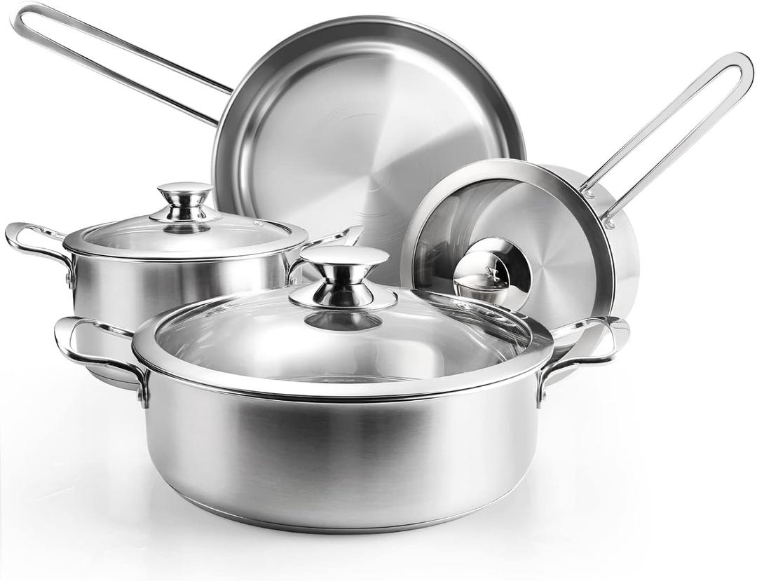 Stainless Steel Pots and Pans Set, 7-Piece Kitchen Cookware Sets with Glass Lids, Stay-Cool Handle, Oven Safe, Works with Induction/Electric and Gas Cooktops, Dishwasher