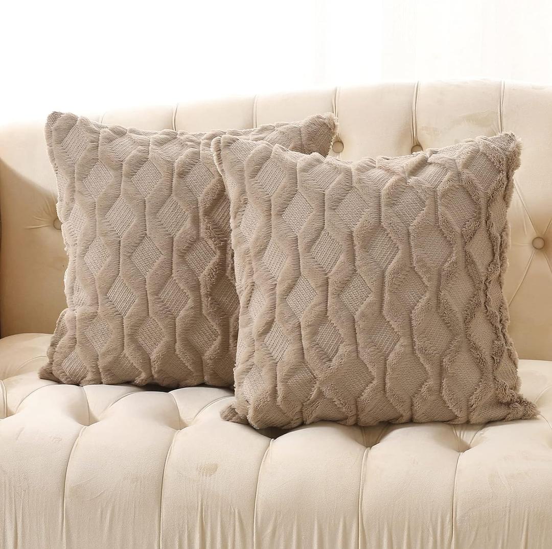 Volcanics Pack of 2 Faux Wool Throw Pillow Covers 20x20 Inches Decorative Farmhouse Velvet Couch Pillow Case Soft Plush Square Boho Cushion Pillowcase, Light Brown (20" x 20" (Pack of 2))