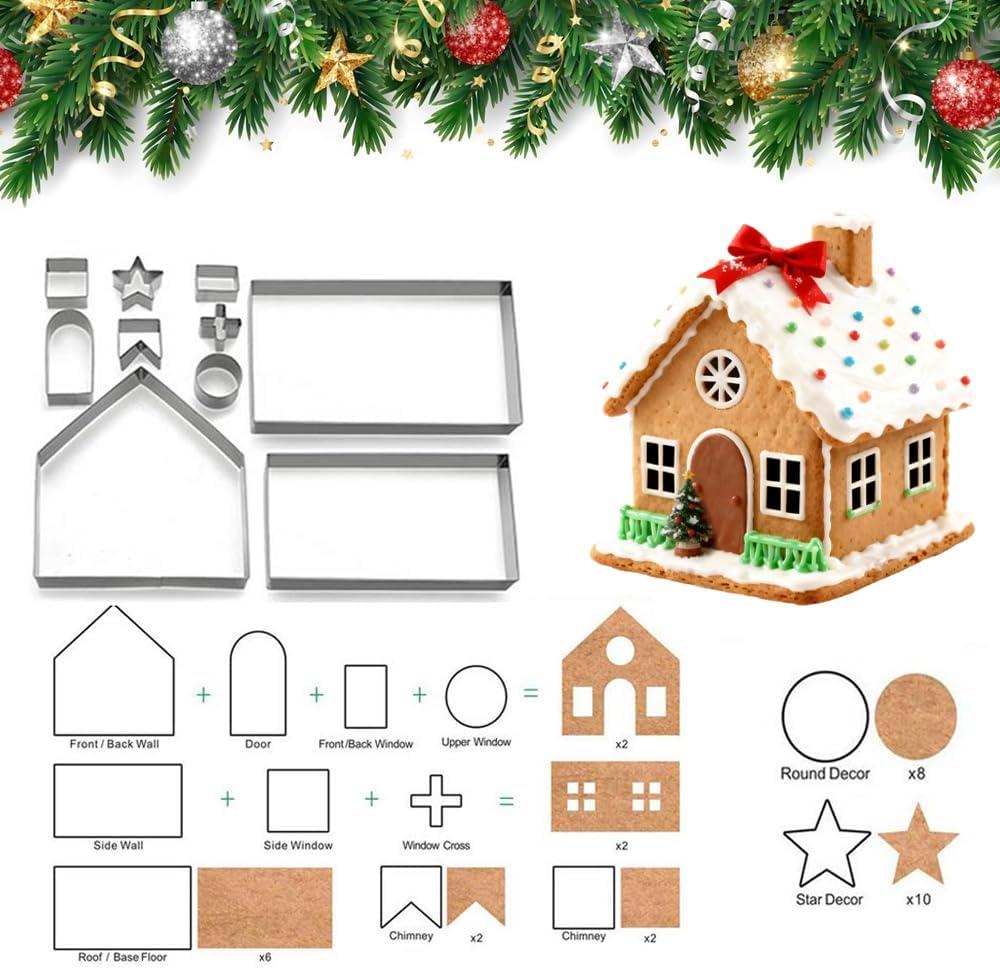 Gingerbread House Cookie Cutters Shapes Set, Large 3D Gingerbread House Kit for Kids, 10Pcs Stainless Steel Biscuit Molds for Christmas Winter Holiday Baking and Decoration, Gift Package