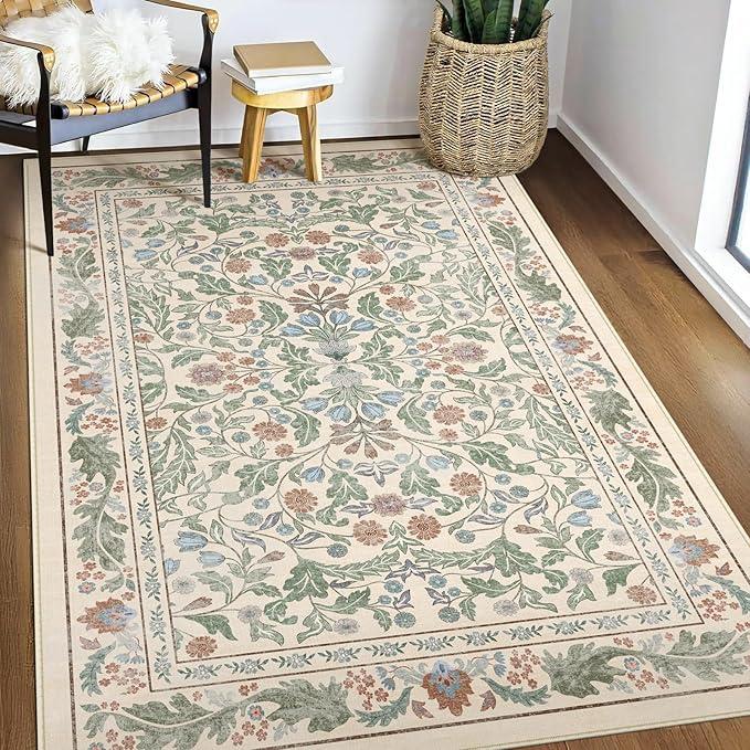 3x5 Washable Area Rug Floral Beige Entryway Small Rug Vintage Forest Low Pile Non Slip Stain Resistance Soft Carpet for Kitchen, Bedroom Beside, Laundry Room, Office Rug, Kids Room, Nursery Room