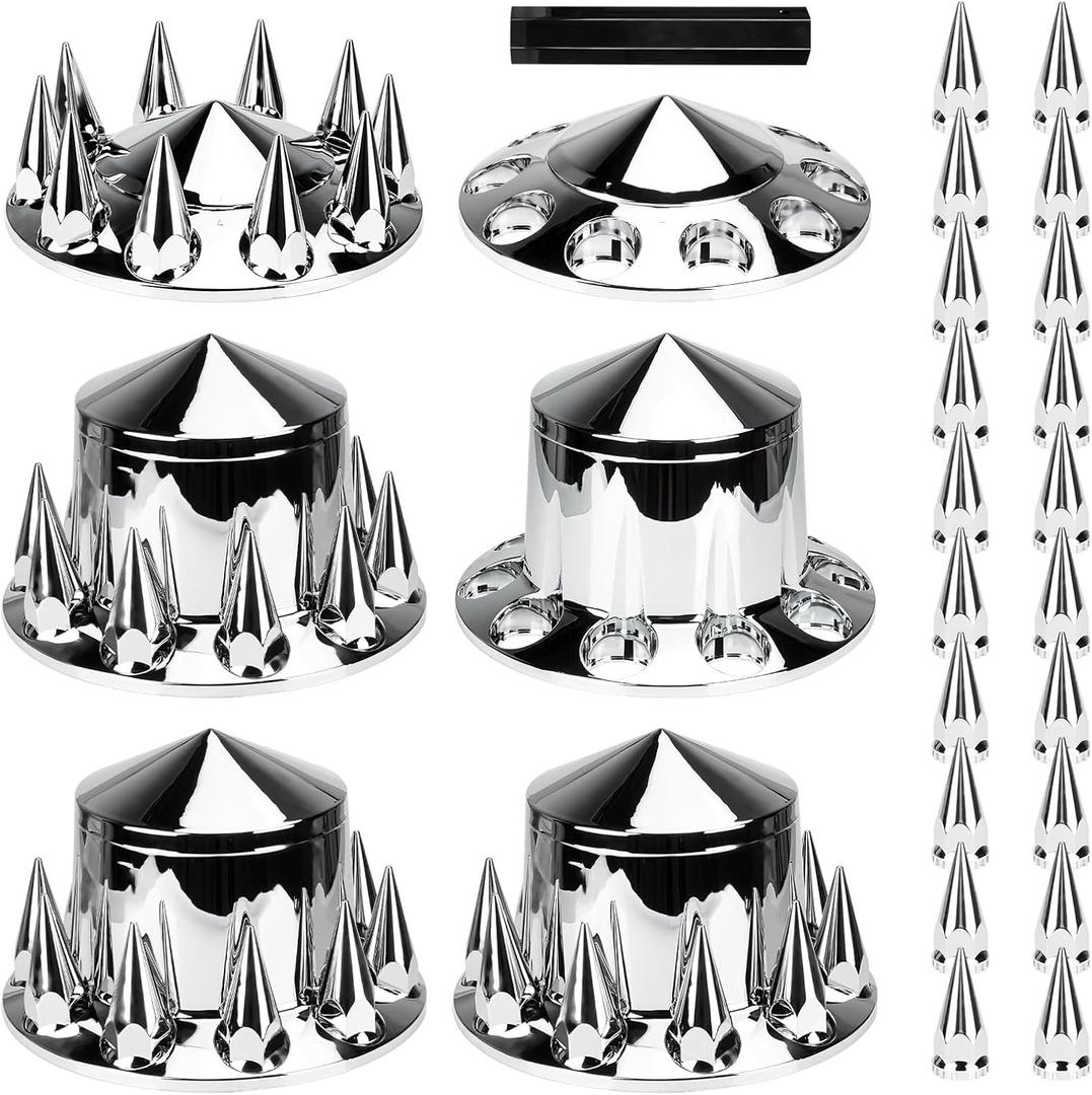 Axle Cover Combo Kits for Semi Truck Hubs w/Screw-On 33mm Lug Nut, Spike ABS Plastic Chrome Plated, 2 Front & 4 Rear, 10 Hole Removable Caps, 6Pcs
