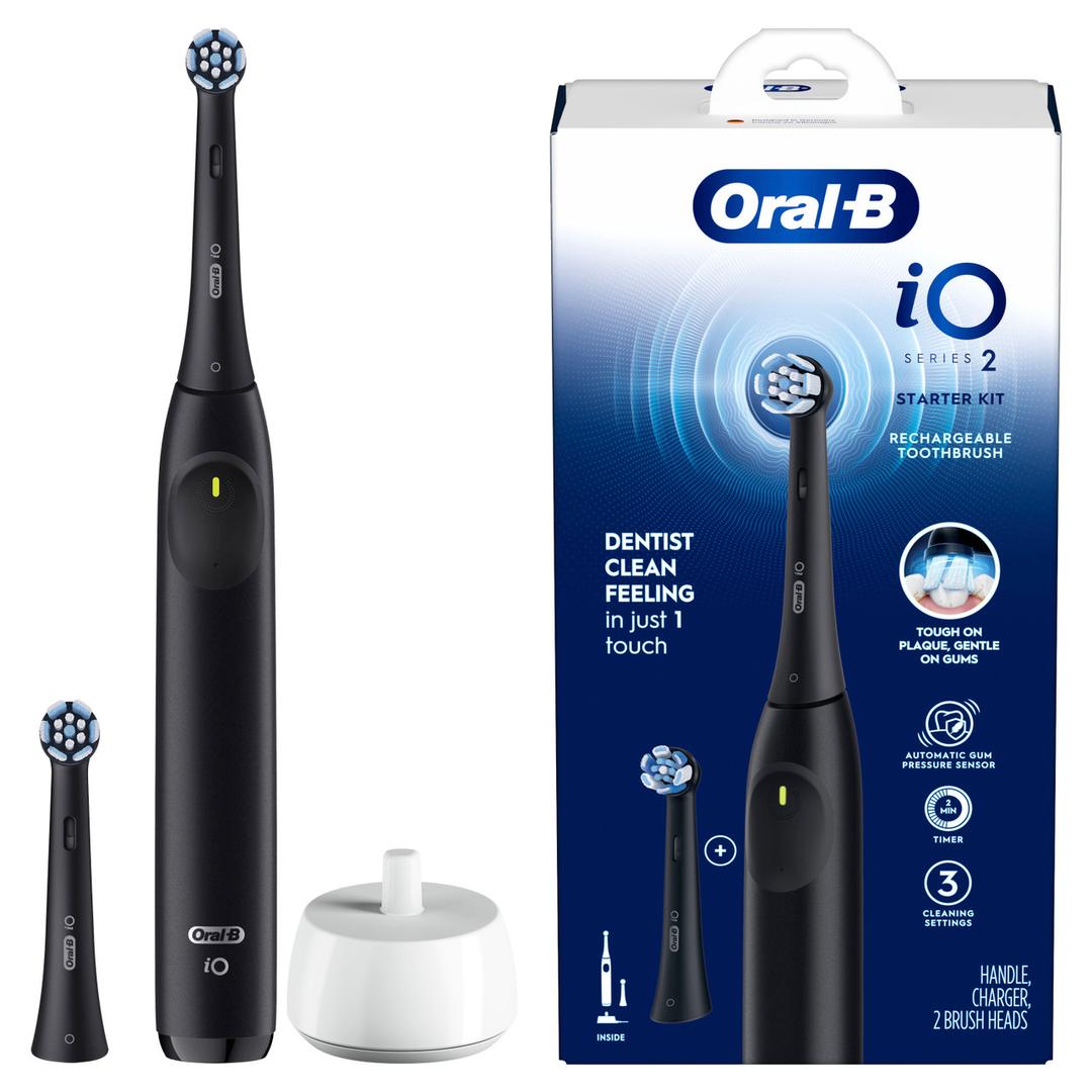 OralB iO Series 2 Rechargeable Electric Powered Toothbrush Starter Kit, Night Black with 2 Brush Heads  Automatic Pressure Sensor to Protect Gums  3 Modes  2 Min Timer