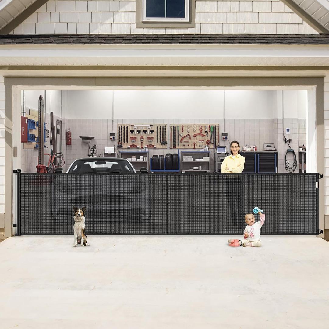 Reinforced 200 Inch Extra Wide Retractable Baby Gates to Prevent Crawling Through, Indoor/Outdoor Baby Gates for Decks, 16 ft Mesh Retractable Fence/Barrier/Blocker/Screen Gate for Garage, Black, 37" Tall x 200" Wide