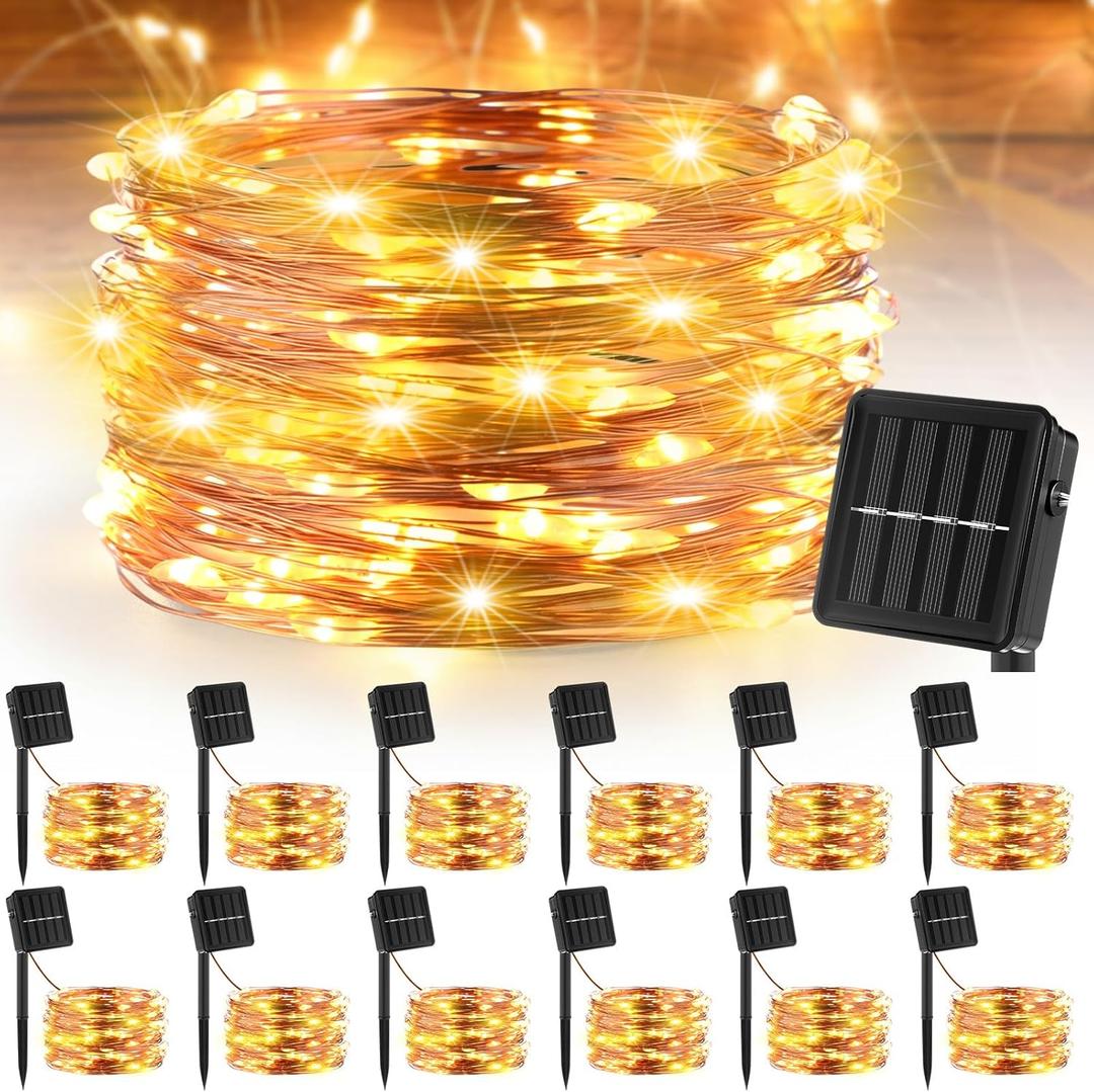Kittmip 12 Pcs Christmas Solar String Lights Solar Mini Teeny Tiny Fairy Firefly Twinkle Light Waterproof 16ft 50 LEDs Garden String for Outdoor Garden Backyard Christmas Decoration(Warm Light)