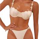 SHENHE Women's Push Up Underwire Swimsuits 2 Piee Seashell Top Cheeky Thong Beaded Bikini Set, Large