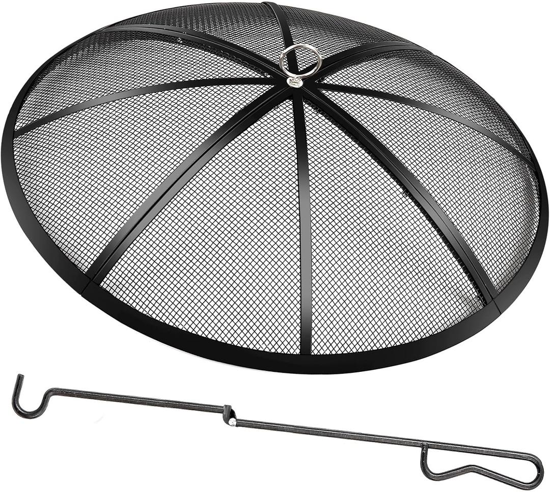 Fire Pit Spark Screen, 30 Inch Diameter Fire Pit Screen with Handle & Poker,Heavy Duty Metal Mesh Fire Pit Screen,Fire Pit Lid for Outdoor/Beach/RV Camping/Backyard (Black)