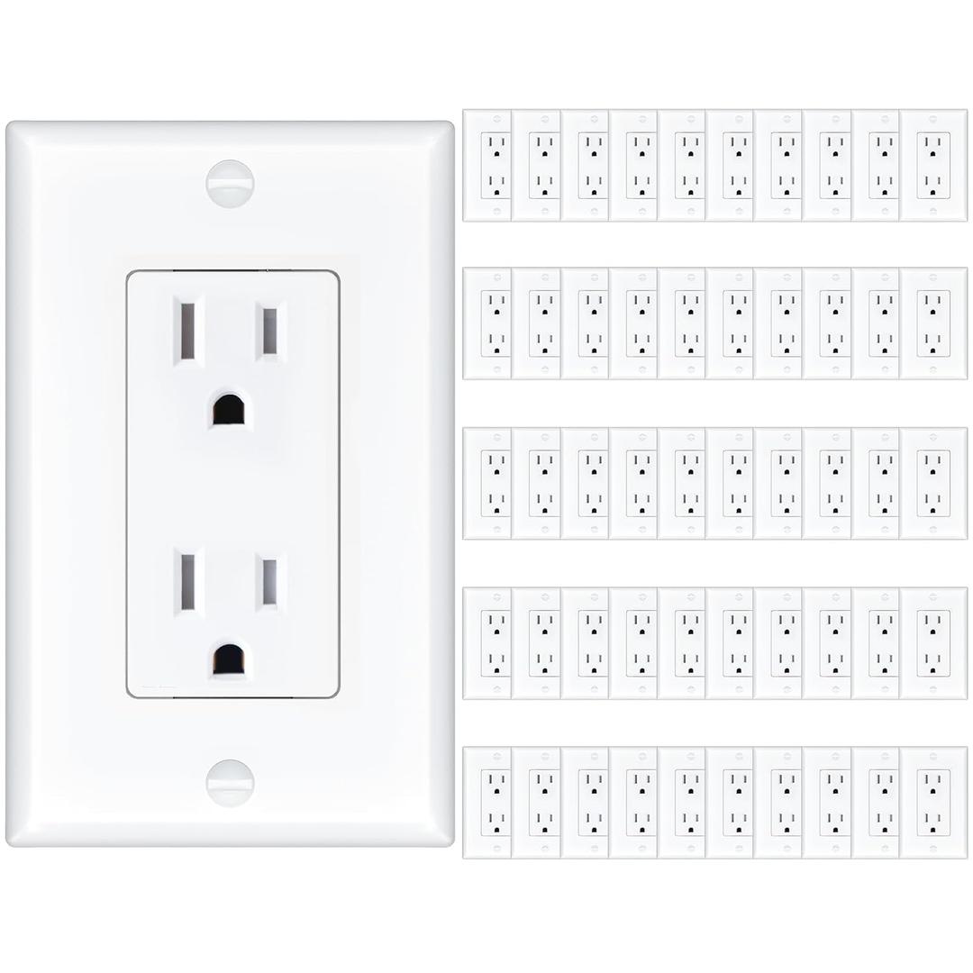 Amico 50 Pack Wall Outlet, 15 Amp Outlets, UL Listed, Tamper Resistant Standard Electrical Outlet, Decorator Receptacle with Wall Plate, Suitable for Home and Business, 125V/1875W, White