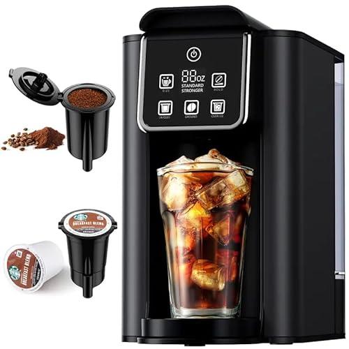 Hot & Iced Coffee Maker with Bold Setting, Single Serve Coffee Maker for K Cup and Grounds, 6-14 Oz Brew Sizes, 50 Oz Removable Water Tank, One Cup Coffee Machine with Reusable Filter, Black